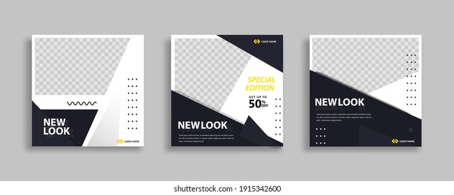 Set of Editable minimal square banner template. Blue yellow white background color with geometric shapes for social media post and web internet ads. Vector illustration