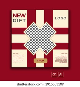 Set of editable minimal square banner templates. Light brown and red background color with up and down lines. Great for posting and advertising social media ads