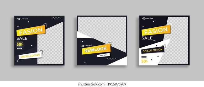 Set of Editable minimal square banner template. Black yellow background color with geometric shapes for social media post and web internet ads. Vector illustration