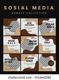 Set of Editable minimal square banner template. Black and chocolate background color with stripe line shape. Suitable for social media post and web internet ads. Vector illustration with photo college