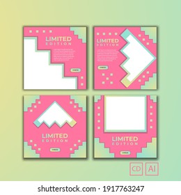 Set of editable minimal square banner templates. Pink background color and yellow and green degradation with checkerboard. Great for web social media posts and ads