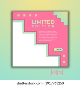 Set of editable minimal square banner templates. The background color is pink and the yellow and green degrades by pixels. Great for posting