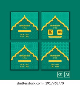 Set of editable minimal square banner templates. Green and yellow background color with ramadan pattern design. Great for social media posts, web story ads