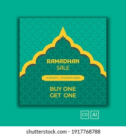 Set of editable minimal square banner templates. Green and yellow background color with ramadan pattern design. Great for web advertising social media posts