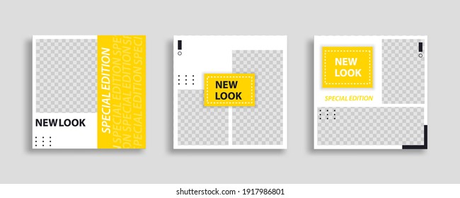 Set of Editable minimal square banner template. Blue yellow white background color with geometric shapes for social media post and web internet ads. Vector illustration