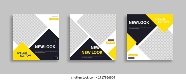 Set of Editable minimal square banner template. Blue yellow white background color with geometric shapes for social media post and web internet ads. Vector illustration