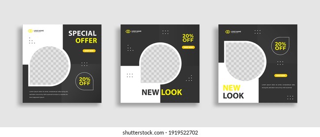 Set of Editable minimal square banner template. Black yellow white background color with geometric shapes for social media post and web internet ads. Vector illustration 