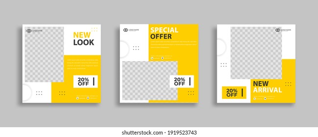 Set of Editable minimal square banner template. Black yellow white background color with geometric shapes for social media post and web internet ads. Vector illustration 