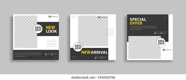 Set Of Editable Minimal Square Banner Template. Black Yellow White Background Color With Geometric Shapes For Social Media Post And Web Internet Ads. Vector Illustration 