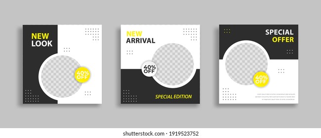 Set of Editable minimal square banner template. Black yellow white background color with geometric shapes for social media post and web internet ads. Vector illustration 