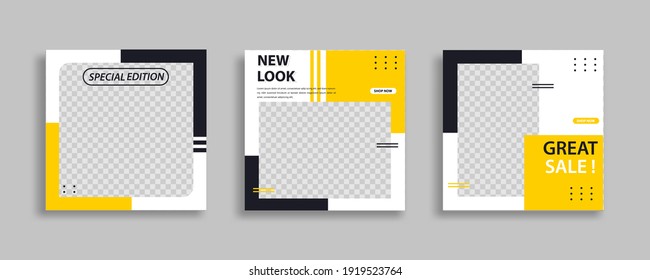 Set of Editable minimal square banner template. Black yellow white background color with geometric shapes for social media post and web internet ads. Vector illustration 