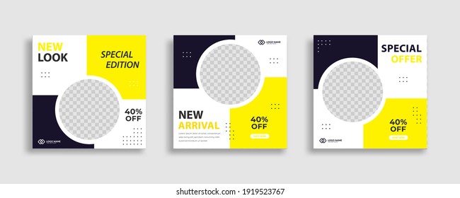 Set of Editable minimal square banner template. Black yellow white background color with geometric shapes for social media post and web internet ads. Vector illustration 