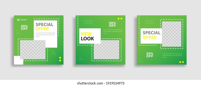 Set of Editable minimal square banner template. Green background color with geometric shapes for social media post and web internet ads. Vector illustration 