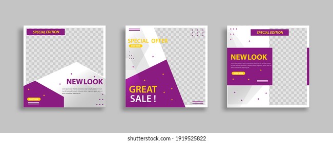 Set of Editable minimal square banner template. White purple background color with geometric shapes for social media post and web internet ads. Vector illustration 