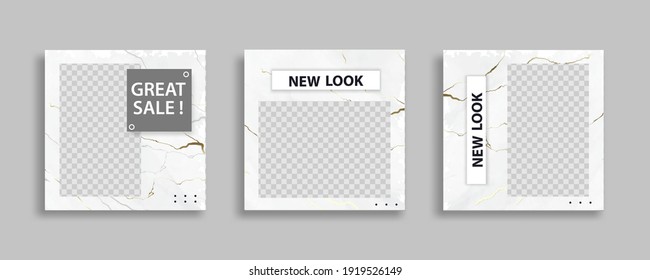 Set of Editable minimal square banner template. Marble white background color with geometric shapes for social media post and web internet ads. Vector illustration 