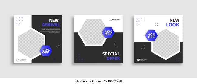 Set of Editable minimal square banner template. Black  white background color with geometric shapes for social media post and web internet ads. Vector illustration 