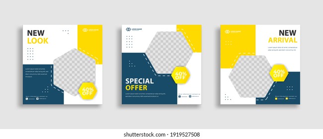 Set of Editable minimal square banner template. Blue yellow white background color with geometric shapes for social media post and web internet ads. Vector illustration 