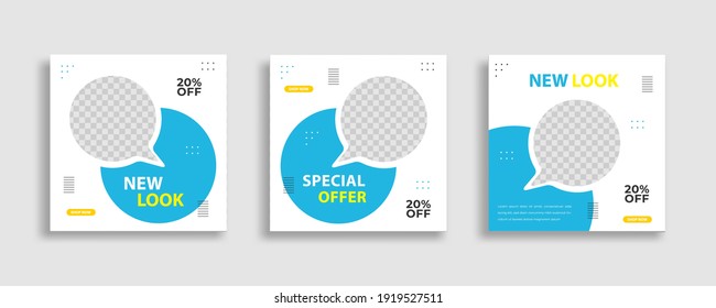 Set of Editable minimal square banner template. Blue yellow white background color with geometric shapes for social media post and web internet ads. Vector illustration 