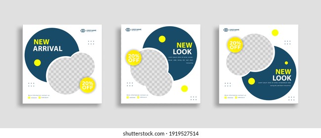 Set of Editable minimal square banner template. Blue yellow white background color with geometric shapes for social media post and web internet ads. Vector illustration 