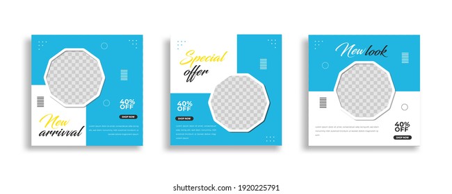 Set of Editable minimal square banner template. Blue yellow white background color with geometric shapes for social media post and web internet ads. Vector illustration 