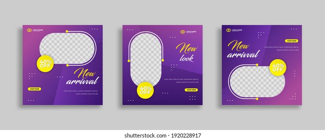 Conjunto de plantilla de banner cuadrado mínimo editable. Color de fondo morado amarillo con formas geométricas para publicaciones en medios sociales y anuncios en Internet. Ilustración del vector 