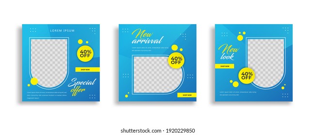 Set of Editable minimal square banner template. Yellow blue background color with geometric shapes for social media post and web internet ads. Vector illustration 