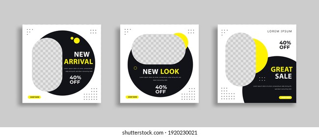 Set of Editable minimal square banner template. Black yellow white background color with geometric shapes for social media post and web internet ads. Vector illustration 