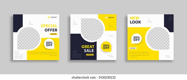 Set of Editable minimal square banner template. Black yellow white background color with geometric shapes for social media post and web internet ads. Vector illustration 