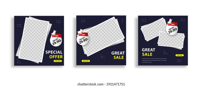 Set of Editable minimal square banner template. Bluebackground color with geometric shapes for social media post and web internet ads. Vector illustration