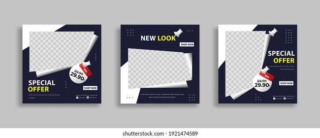 Set of Editable minimal square banner template. White blue background color with geometric shapes for social media post and web internet ads. Vector illustration