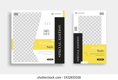 Set of Editable minimal square banner template. Black yellow white background color with geometric shapes for social media post, story and web internet ads. Vector illustration