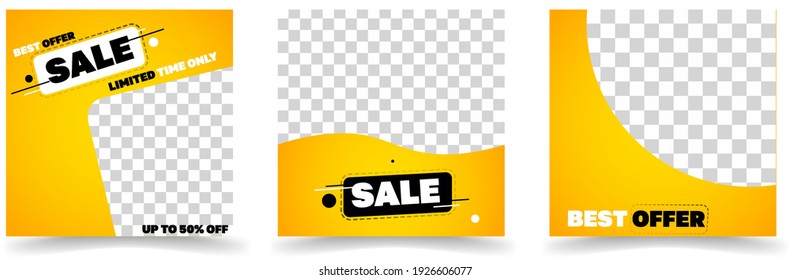 Set of Editable minimal square banner template. Black and yellow background color with stripe line shape. Suitable for social media post and web internet ads. Vector illustration with photo college