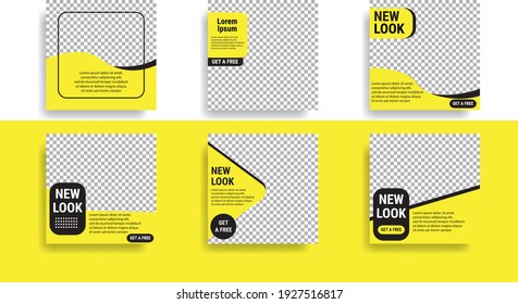 Set of editable minimal square banner templates. Black and yellow background color with striped shape. Suitable for social media posts and web internet advertising. Vector illustration