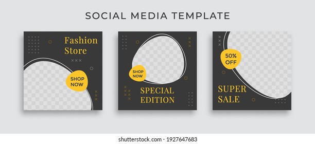 Set of Editable minimal square banner template. Black and yellow background color. Suitable for social media post and web internet ads.