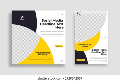Set of Editable minimal square banner template. Black yellow white background color with geometric shapes for social media post, story and web internet ads. Vector illustration