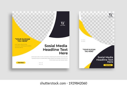 Set of Editable minimal square banner template. Black yellow white background color with geometric shapes for social media post, story and web internet ads. Vector illustration