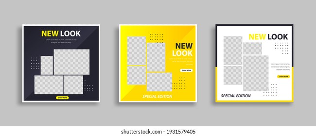 Set of Editable minimal square banner template. Black and White background color with stripe line shape. Suitable for social media post and web internet ads. Vector illustration with photo college