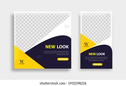  Set of Editable minimal square banner template. Black yellow white background color with geometric shapes for social media post, story and web internet ads. Vector illustration