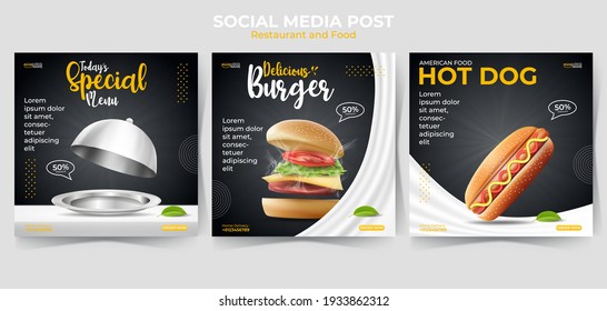 Conjunto de plantilla de banner cuadrado mínimo editable. publicación de comida o de medios sociales y anuncios en internet. vector de ilustración con hamburguesa realista, hot dog.