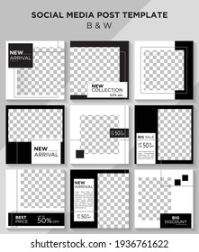 Set of Editable minimal square banner template with Black and White theme. Suitable for social media post and web internet ads. BnW. 