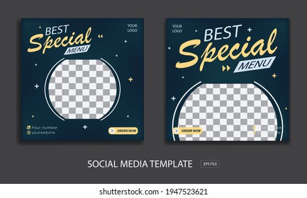 Conjunto de plantilla de banner cuadrado mínimo editable. color de fondo negro y azul con forma de línea de banda. Adecuado para publicaciones en medios sociales y anuncios en internet. Ilustración vectorial con colegio fotográfico