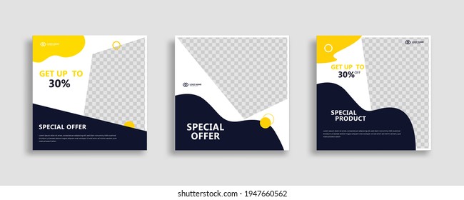 Set of Editable minimal square banner template. Yellow blue and white background color with geometric shapes for social media post and web internet ads. Vector illustration