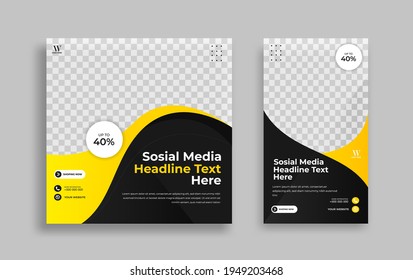Set Of Editable Minimal Square Banner Template. Blue Yellow White Background Color With Geometric Shapes For Social Media Post And Web Internet Ads. Vector