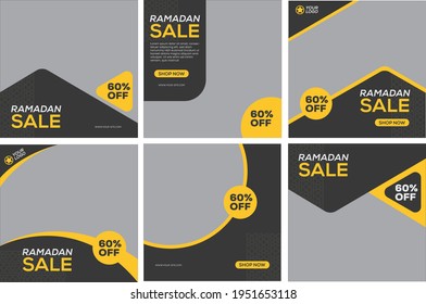Set of Editable minimal square banner template. Black and yellow background color with curved line shape. Suitable for social media post and web internet ads. Vector illustration with photo college