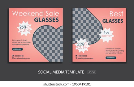 Set of Editable minimal square banner template. for promotion glasses . Suitable for social media post and web internet ads.