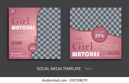 Set of Editable minimal square banner template. for promotion girl watches. Suitable for social media post and web internet ads. with color pink