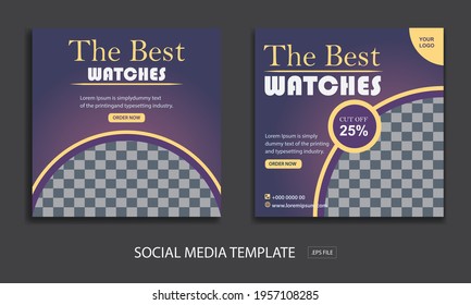 Set of Editable minimal square banner template. for promotion the best watches. Suitable for social media post and web internet ads. with color purple
