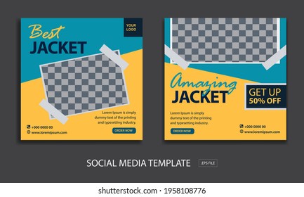 Set of Editable minimal square banner template. social media marketing template for promotion jacket with color blue and yellow