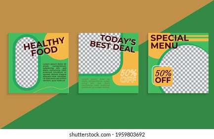Set up an editable minimal square banner template. with yellow and green color and abstract shape. Suitable for social media posts and internet web advertising.