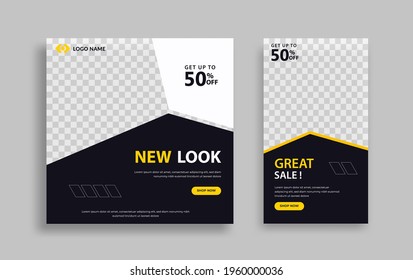 Set of Editable minimal square banner template. Black and White background color with stripe line shape. Suitable for social media post and web internet ads. Vector illustration with photo college